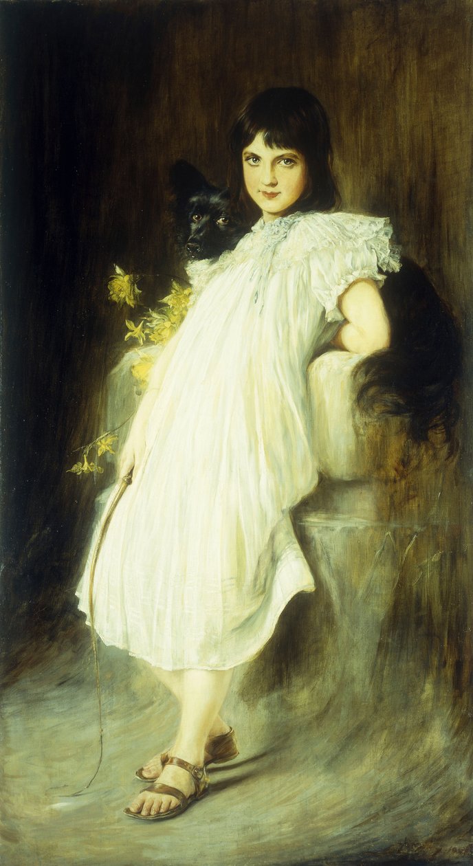1908年，一个年轻的女孩和她的狗的肖像 作者 Joszi Arpad Koppay