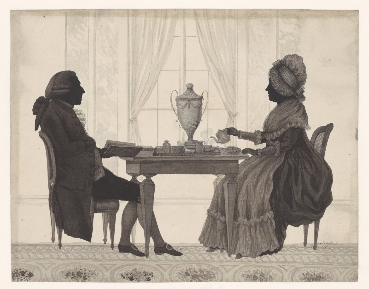 剪贴画Louis Metayer（* 1728）和Antoinette Bernard（* 1735）在桌旁 作者 约瑟夫·阿道夫·施密特林