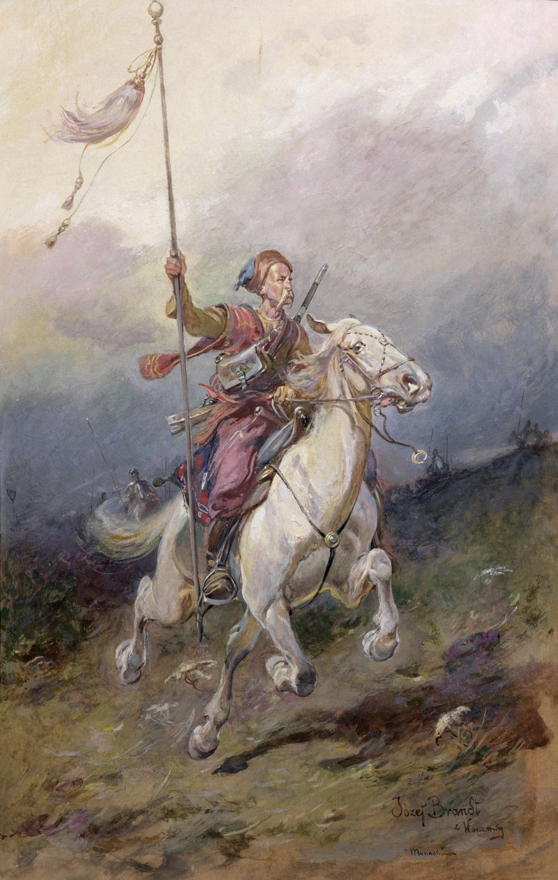 探路者，十七世纪波兰骑兵在白色充电器上 作者 约瑟夫·布兰特（Jozef Brandt）