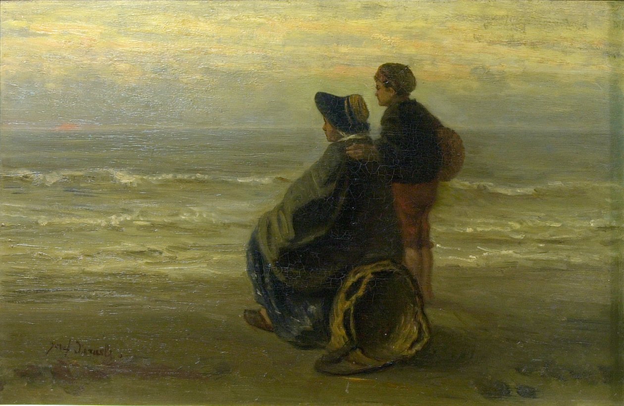 海边的母与子，约 1890 年（木板油画） 作者 约瑟夫 (1824-1911)，以色列人