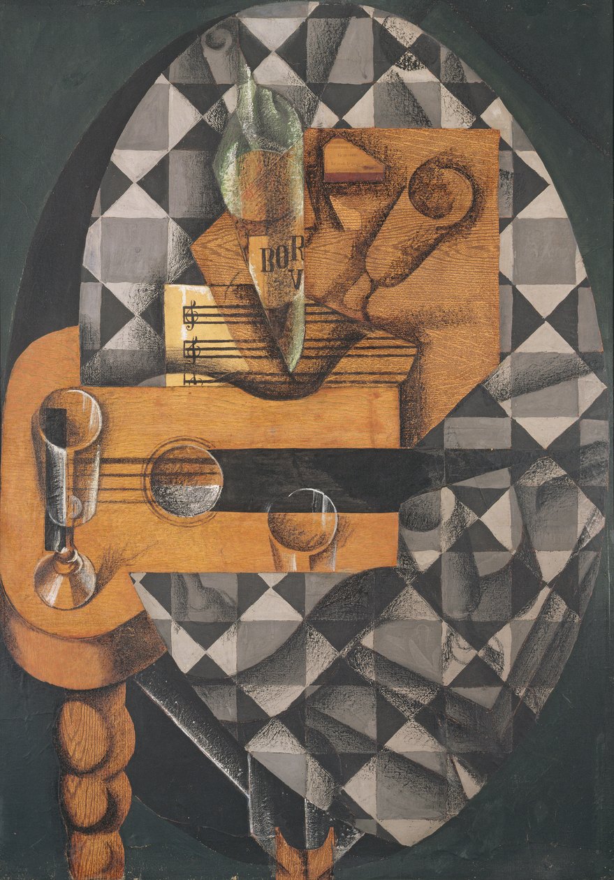 吉他，瓶子和玻璃，1914年（粘贴纸，水粉和画布上的蜡笔） 作者 胡安·格里斯