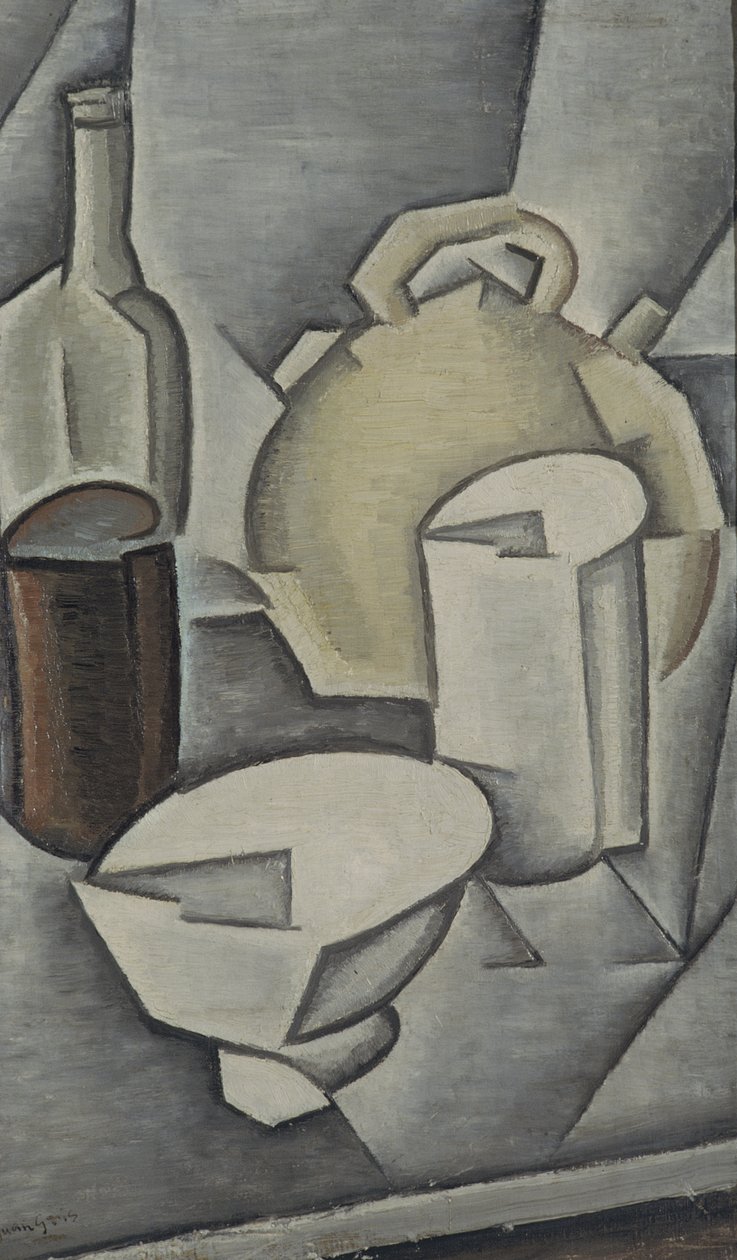 静物与一瓶酒和陶器水壶，1911年 作者 胡安·格里斯