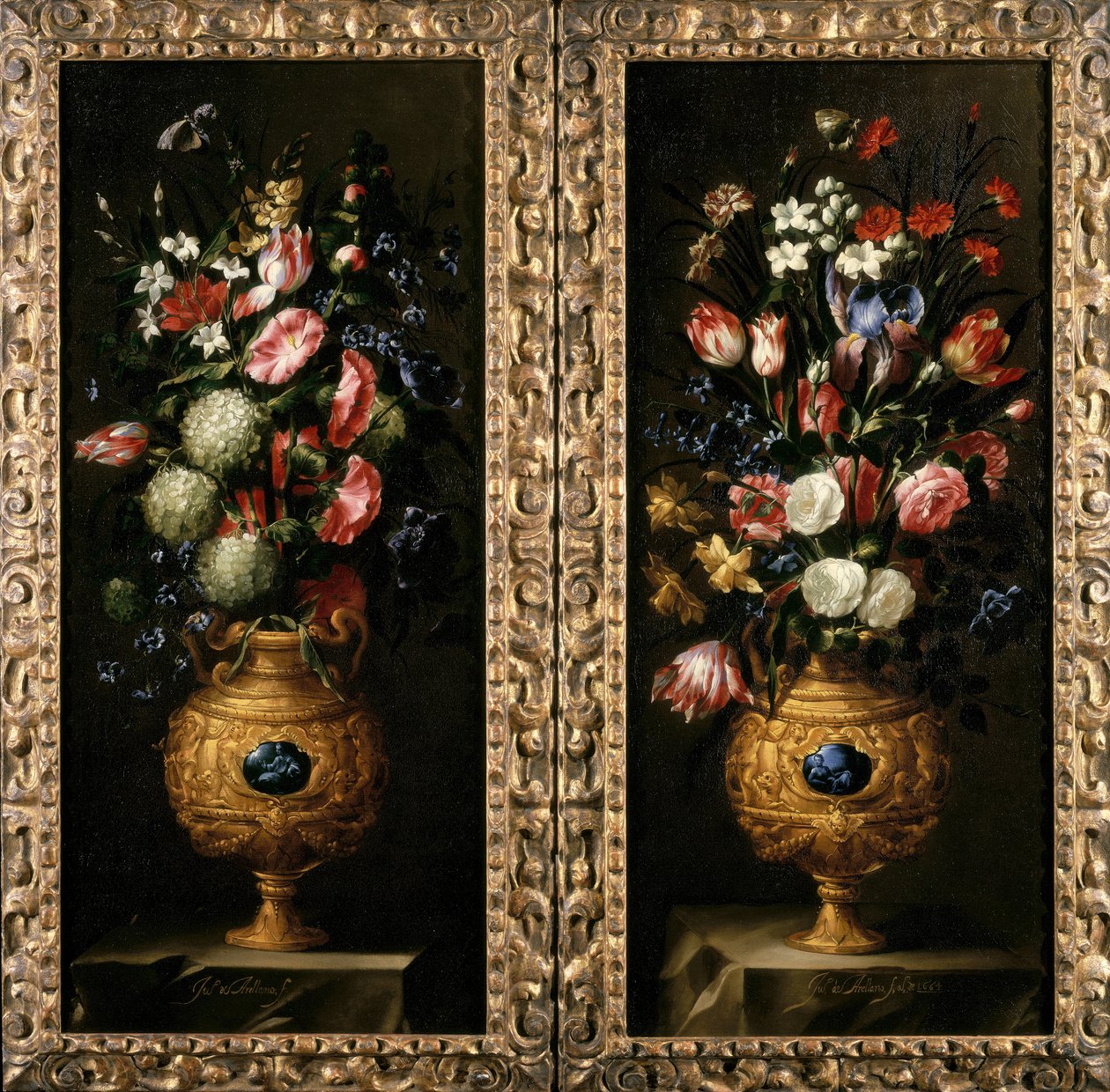 对装饰金花瓶与lapiz cartouches的花静物画 作者 胡安·德·阿雷利亚诺