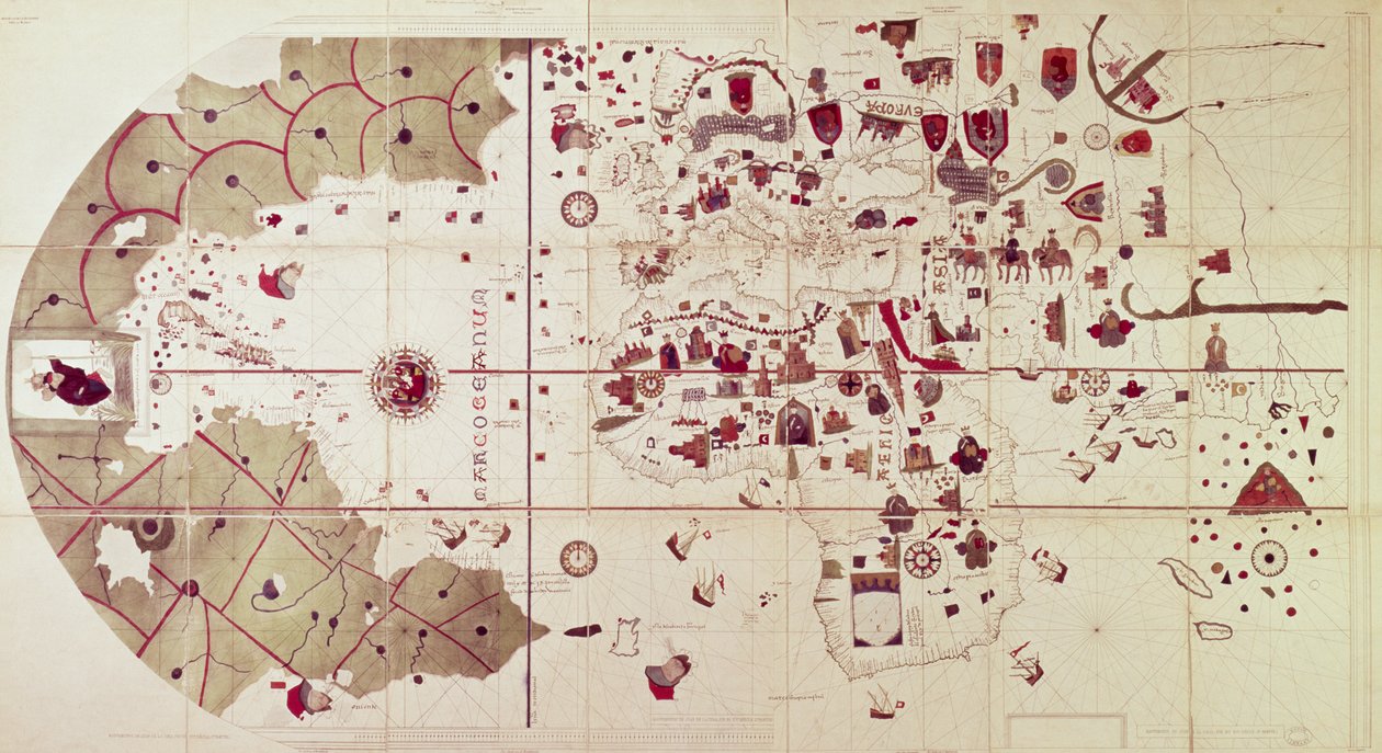 旧世界和新世界地图，c.1500 作者 胡安·德拉科萨