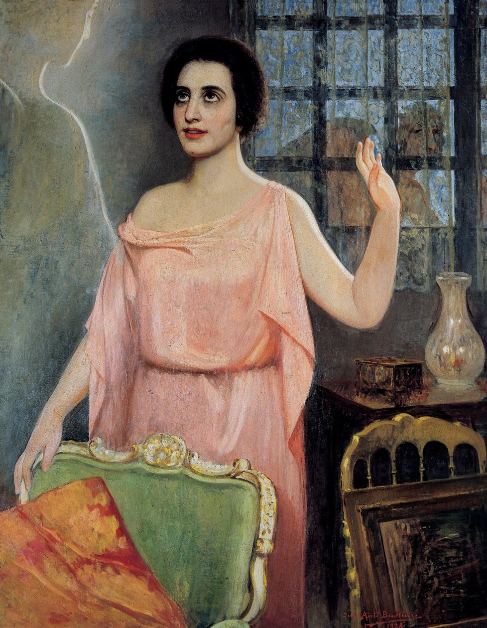 玛格丽特-西尔古（1888-1969）的肖像，在 "la Xirgu en cristalline "中，由昆特罗兄弟创作（布面油画）。 作者 胡安·安东尼奥·本利勒·吉尔