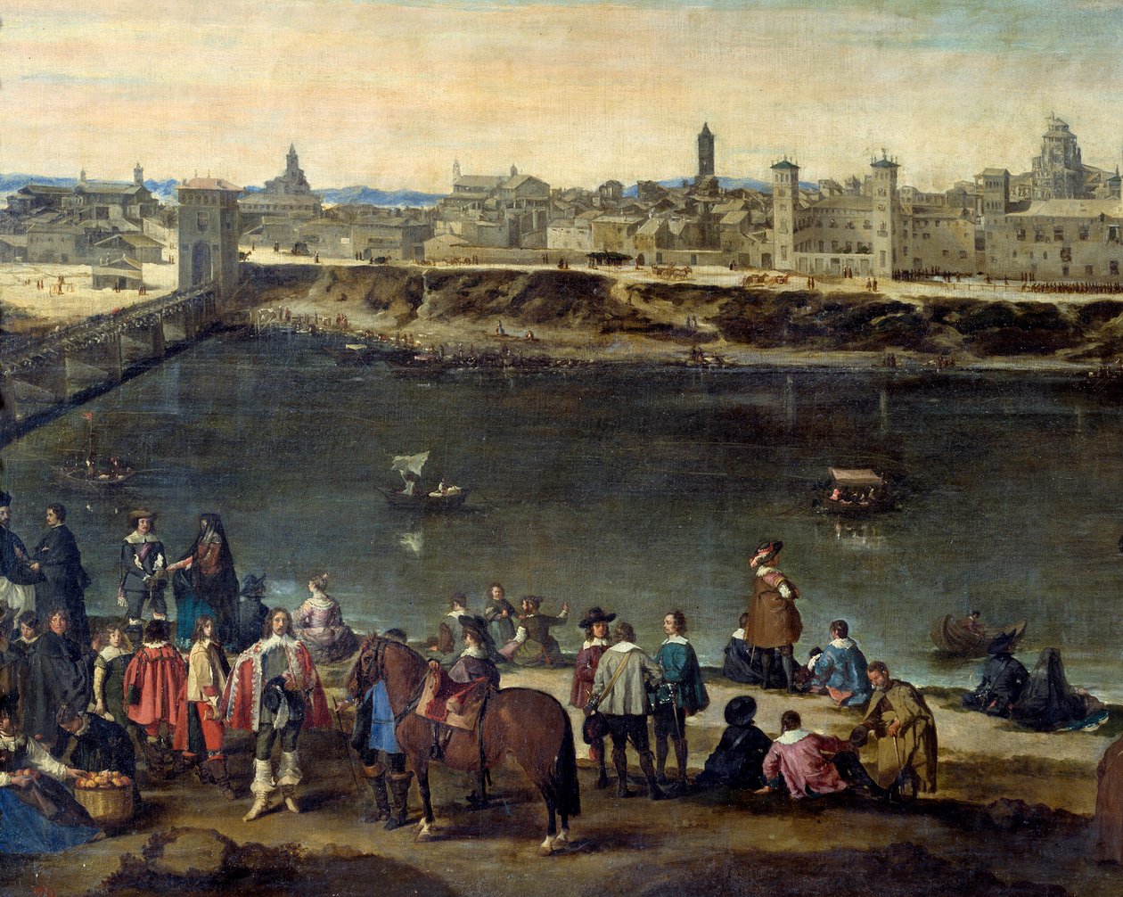 1646 年萨拉戈萨 (Zaragoza) 市的视图 详细代表沿河的绅士和商人。 Juan Bautista del Mazo (1612-1667) 的绘画 1646 年马德里，普拉多博物馆 作者 胡安·包蒂斯塔·马丁内斯·德尔马佐