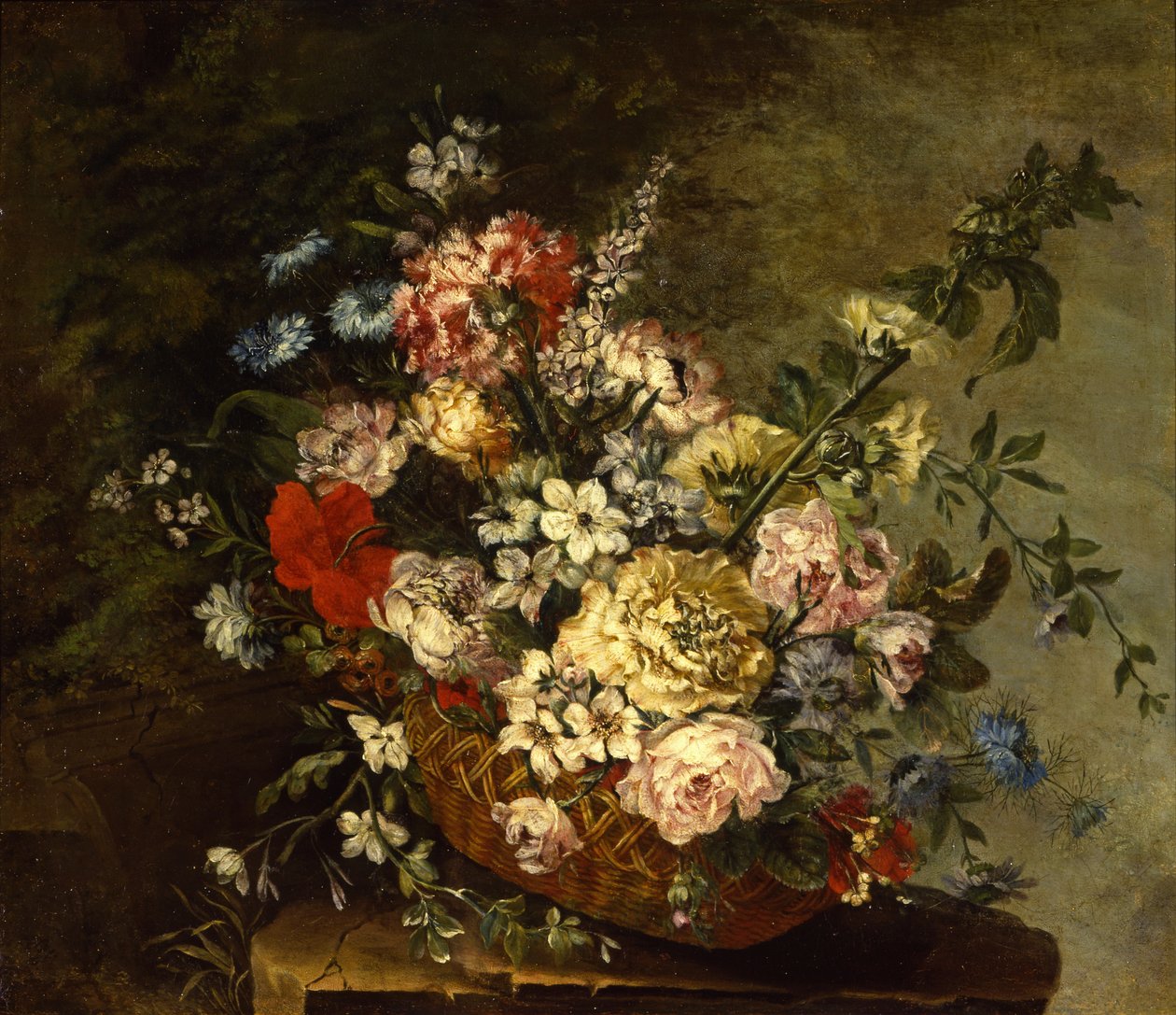 与花的静物画在篮子，c.1780-1790 作者 胡安·包蒂斯塔·罗梅罗