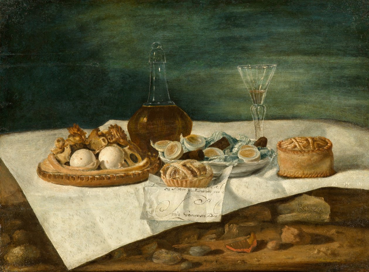 静物与Pasteries，葡萄酒和鸡蛋，c.1770-1790 作者 胡安·包蒂斯塔·罗梅罗
