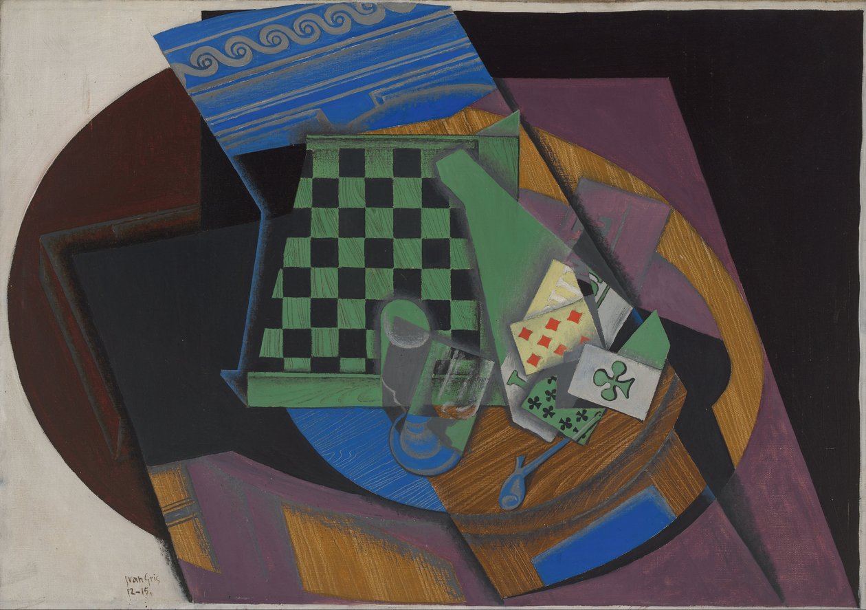 棋盘和扑克牌，1915年 作者 胡安·格里斯