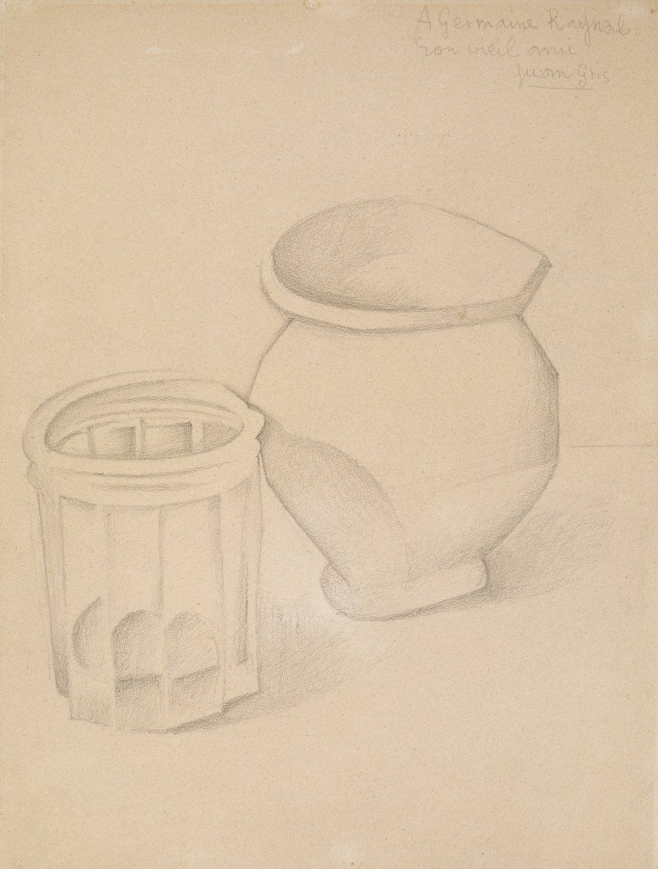 玻璃和花瓶，c.1911（编织纸上的石墨） 作者 胡安·格里斯