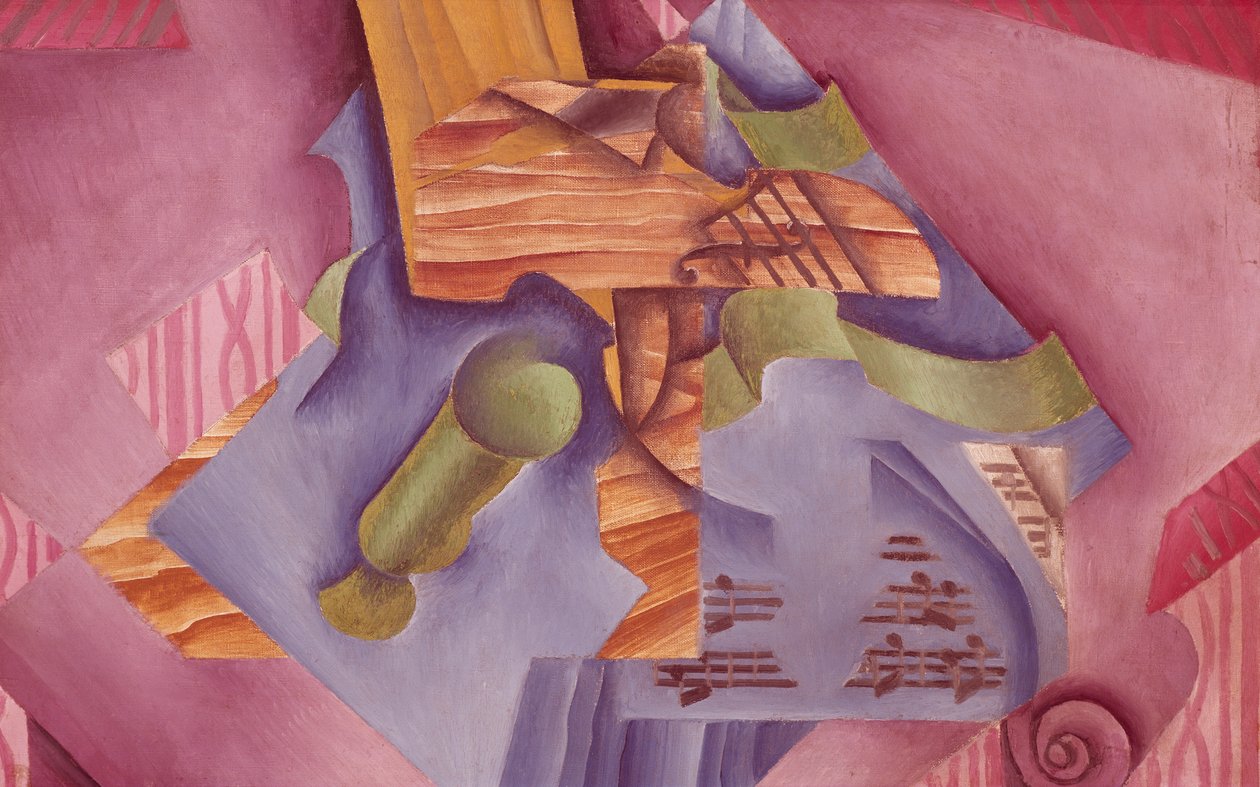 胡安·格里斯（Juan Gris，1887-1927 年）的小提琴和玻璃静物画，布面油画，46x73 厘米 作者 胡安·格里斯