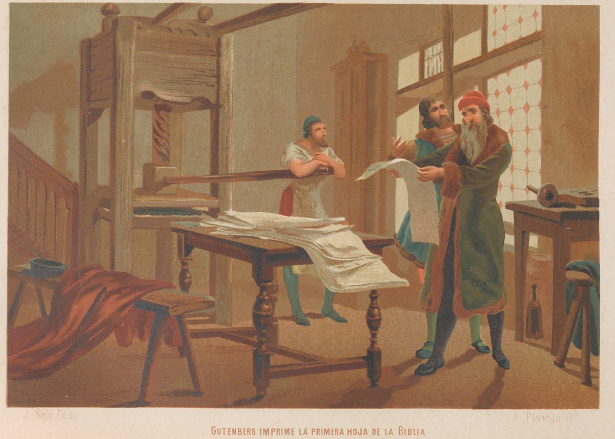 古腾堡印刷了《圣经》的第一页。来自：La ciencia y sus hombres, 1879. 作者 胡安·普拉内拉·罗德里格斯