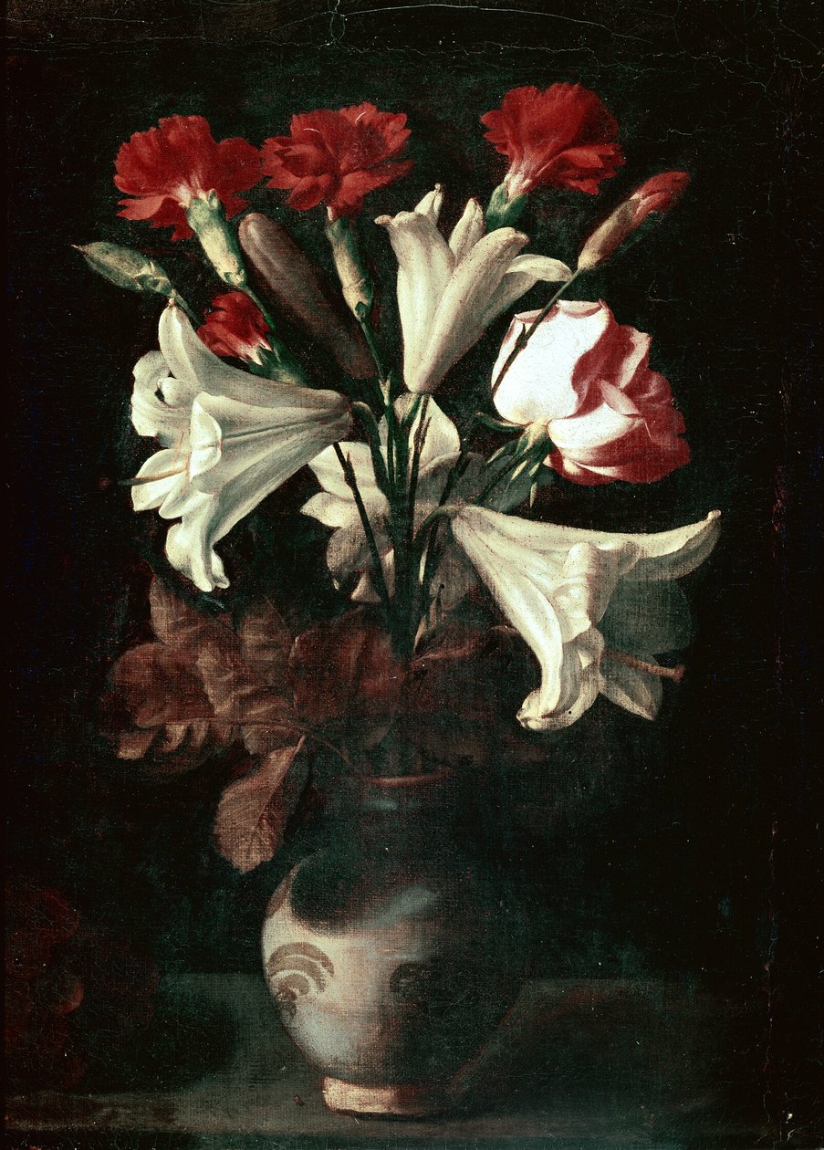 花瓶中的百合和康乃馨 作者 胡安·德·祖尔巴兰 (Juan de Zurbaran)