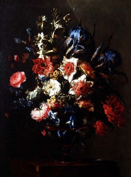 鸢尾花、牡丹花、卷柏花和其他花放在基座上的瓮中 作者 胡安·德·阿雷利亚诺