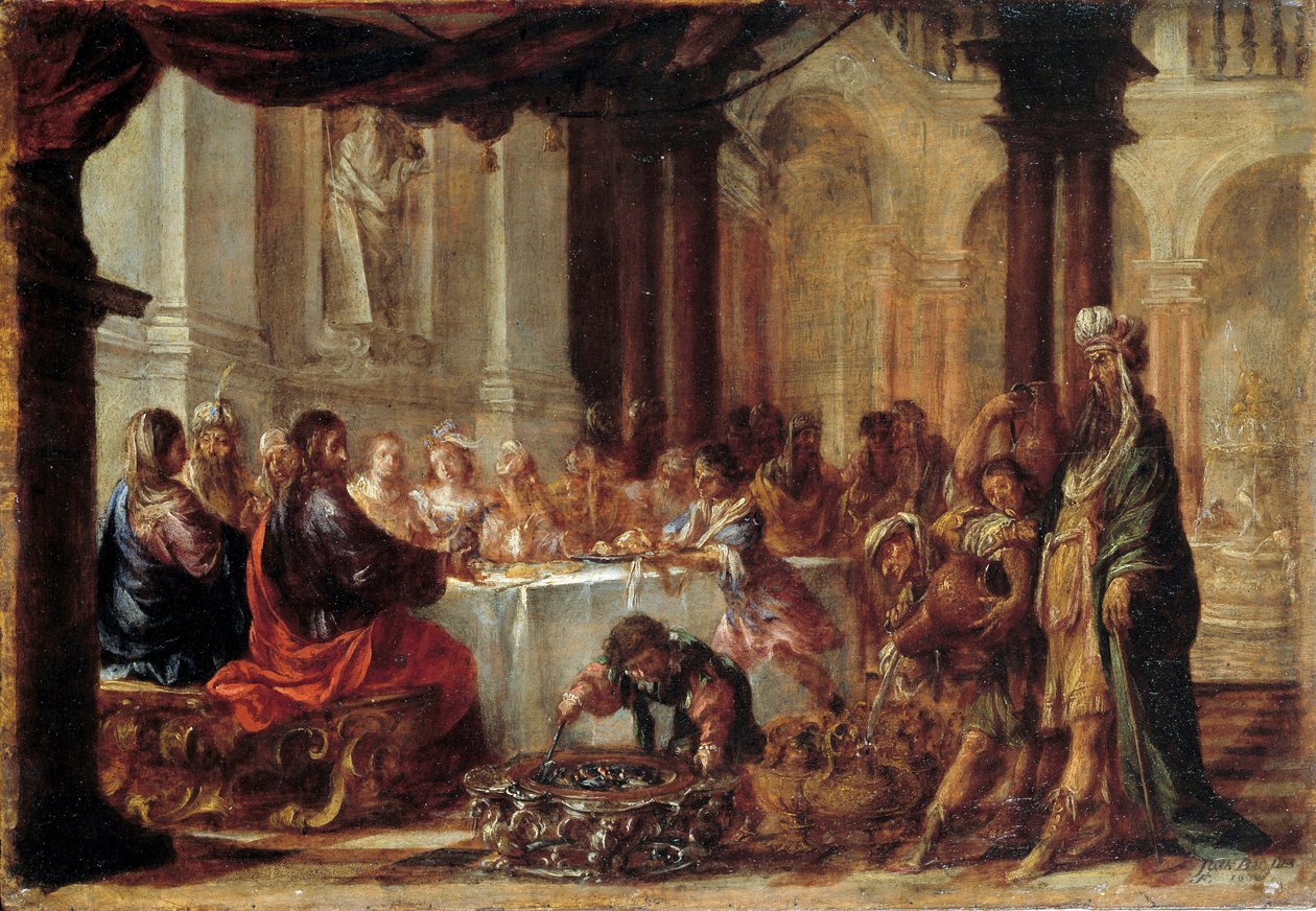 胡安·瓦尔德斯 (1622-1690) 1660 年的 Les Noces de Cana 绘画。 0,23x0,34 m 作者 胡安·德·瓦尔德斯·里尔