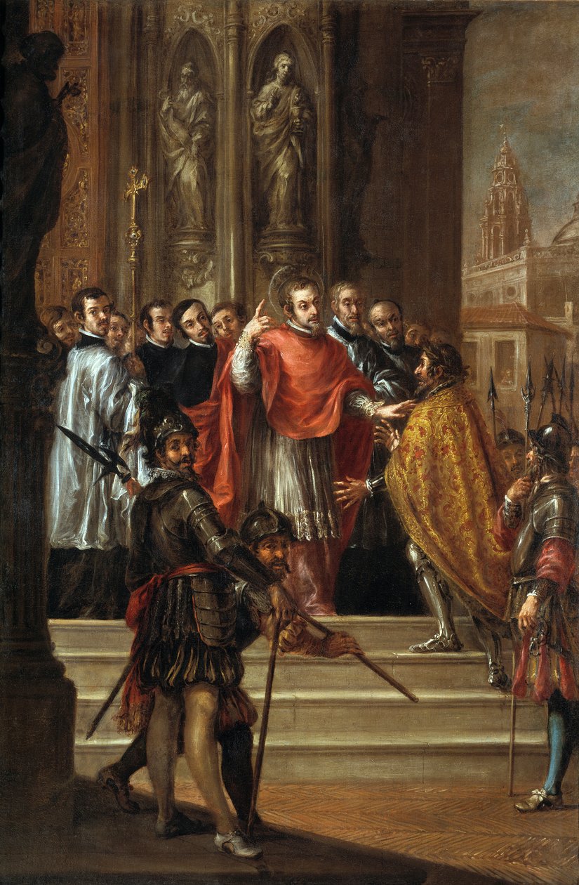 St. Ambrose Denying the Emperor Theodosius the Entrance into the Church, c.1673 (oil on canvas) 作者 胡安·德·瓦尔德斯·里尔