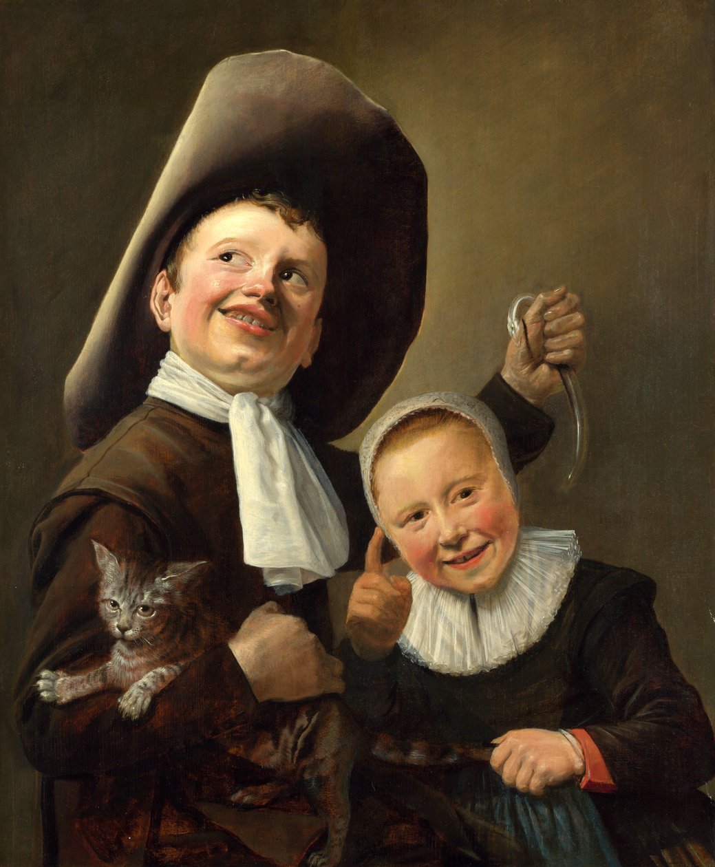一个男孩和一个女孩与一只猫和一只鳗鱼 作者 朱迪思·莱斯特（Judith Leyster）