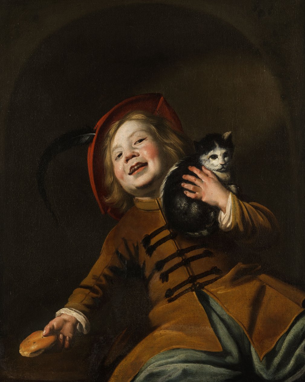 一个男孩的画象有猫，一个红色帽子和面包片的 作者 朱迪思·莱斯特（Judith Leyster）