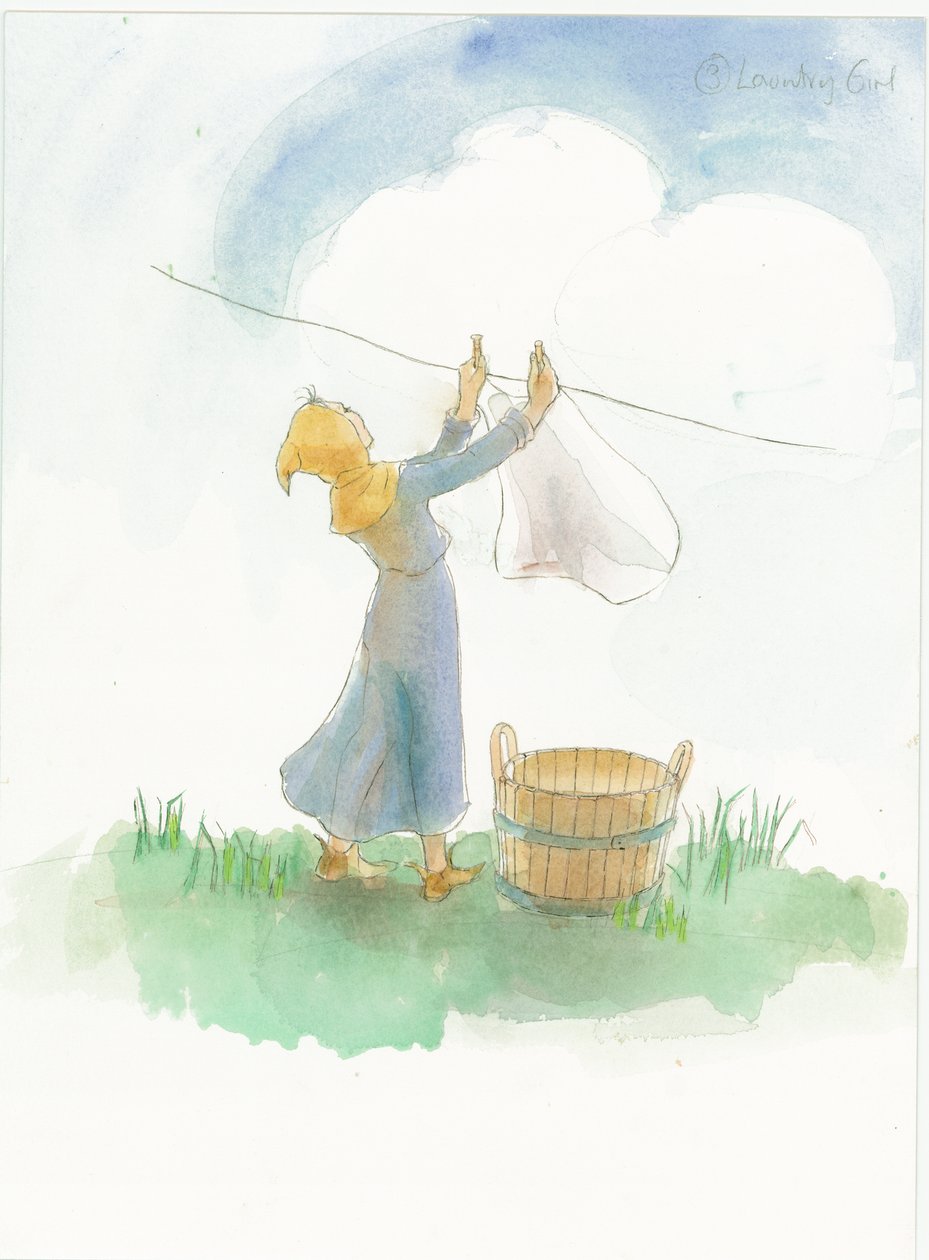一个中世纪的女孩在挂衣服，2004年。 作者 朱迪思·多比