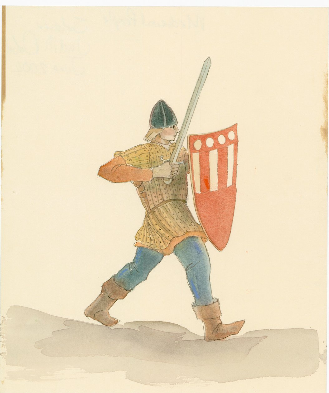 一个中世纪的士兵右手拿着长剑，左手拿着盾牌，2004年。 作者 朱迪思·多比