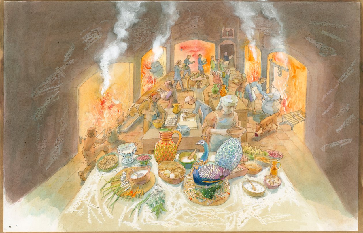中世纪早期的厨房场景（纸面水彩画） 作者 朱迪思·多比