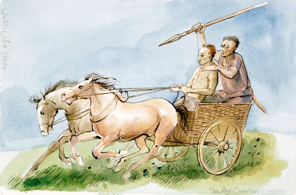 铁器时代的战车手，约 350 年，2001 年（纸上钢笔和水彩画） 作者 朱迪思·多比