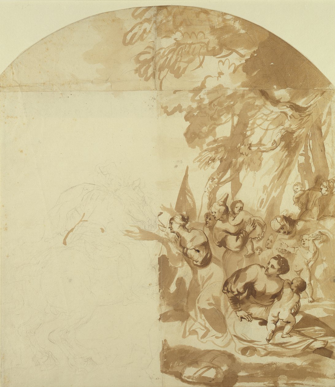 Claudius Civilis离开妇女和儿童在Xanten战斗（笔和棕色墨水在铅笔在纸上）（未完成） 作者 于尔根烤箱