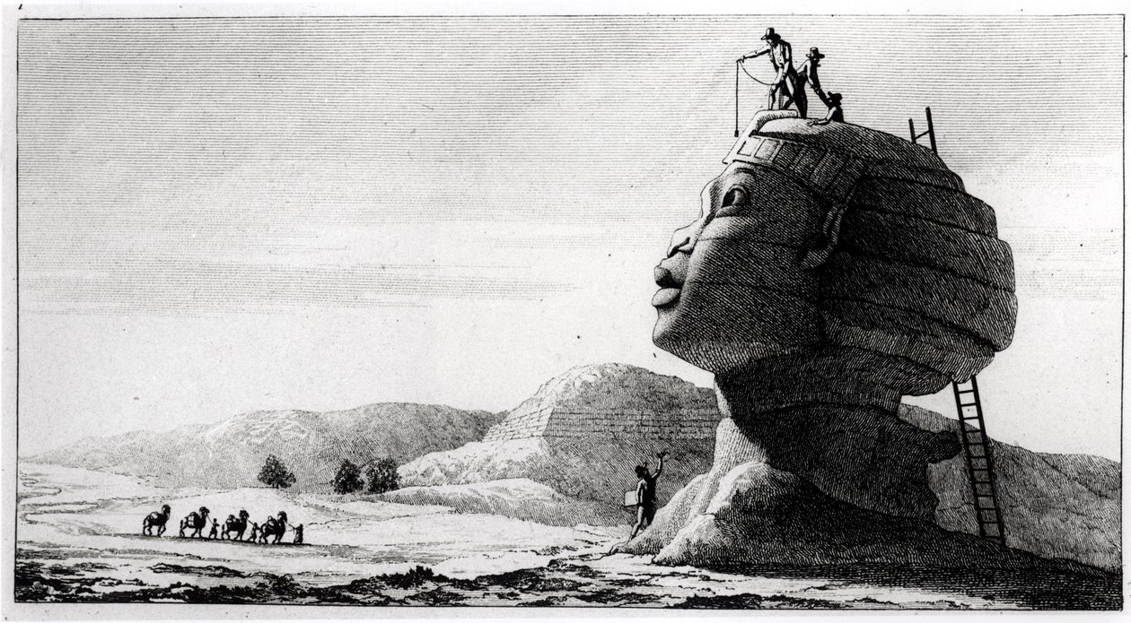 法国人测量狮身人面像，来自Voyage en Egypte by Dominique Vivant Denon（1747-1825），由Deparc雕刻，1802年（bw照片） 作者 朱尔斯·阿尔弗雷德·文森特·里戈
