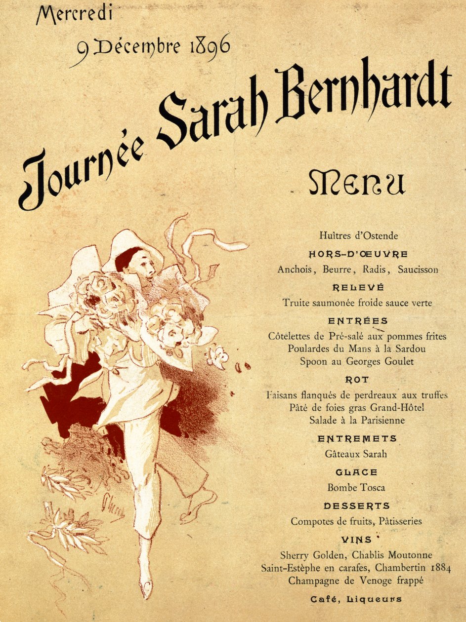 1896年12月9日，星期三，Sarah Bernhardt Day，菜单卡，1896年（另见245010） 作者 朱尔斯·切雷特（Jules Cheret）