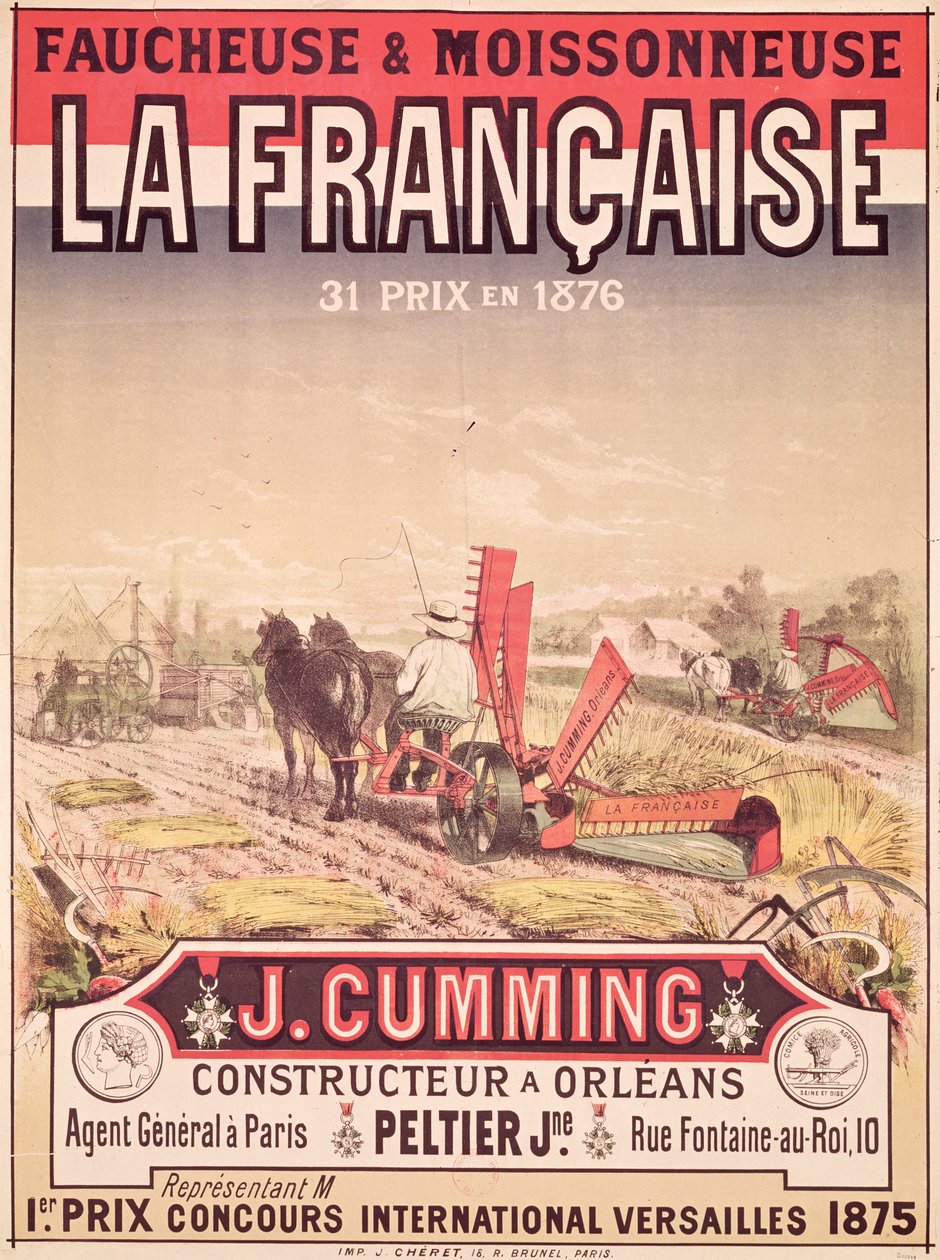 海报广告&39;La Francaise，Reaper and Mower&39;，由J.Cumming of Orleans于1876年制作 作者 朱尔斯·切雷特（Jules Cheret）