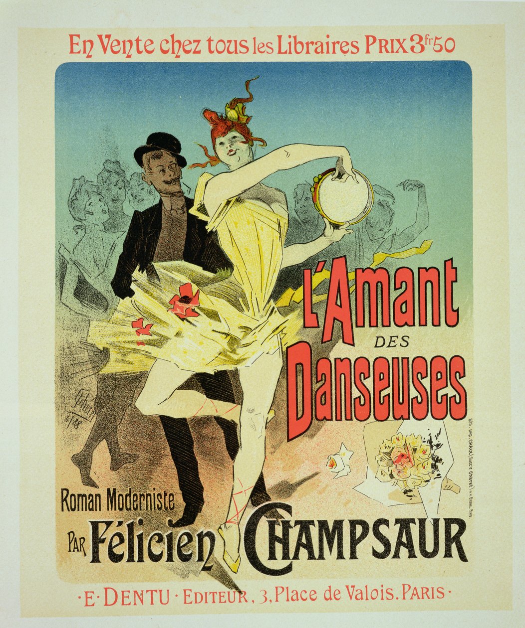 复制一张海报广告“舞者的情人”，一部由Felicien Champsaur创作的现代主义小说，1888年（见127004） 作者 朱尔斯·切雷特（Jules Cheret）