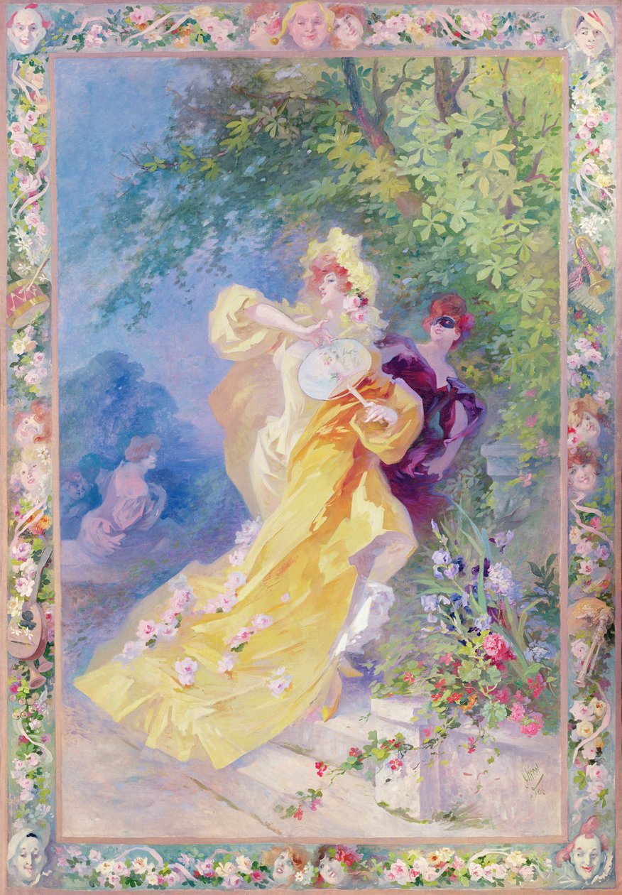 黄色多米诺，设计用于挂毯或地毯，1908年 作者 朱尔斯·切雷特（Jules Cheret）