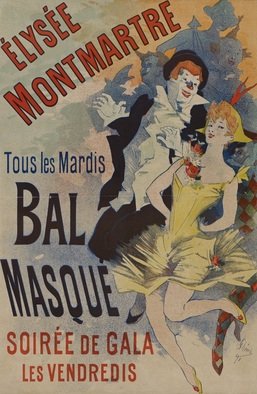 爱丽舍蒙马特：Bal Mask，1891年1月18日出版（纸上彩色光刻） 作者 朱尔斯·切雷特（Jules Cheret）