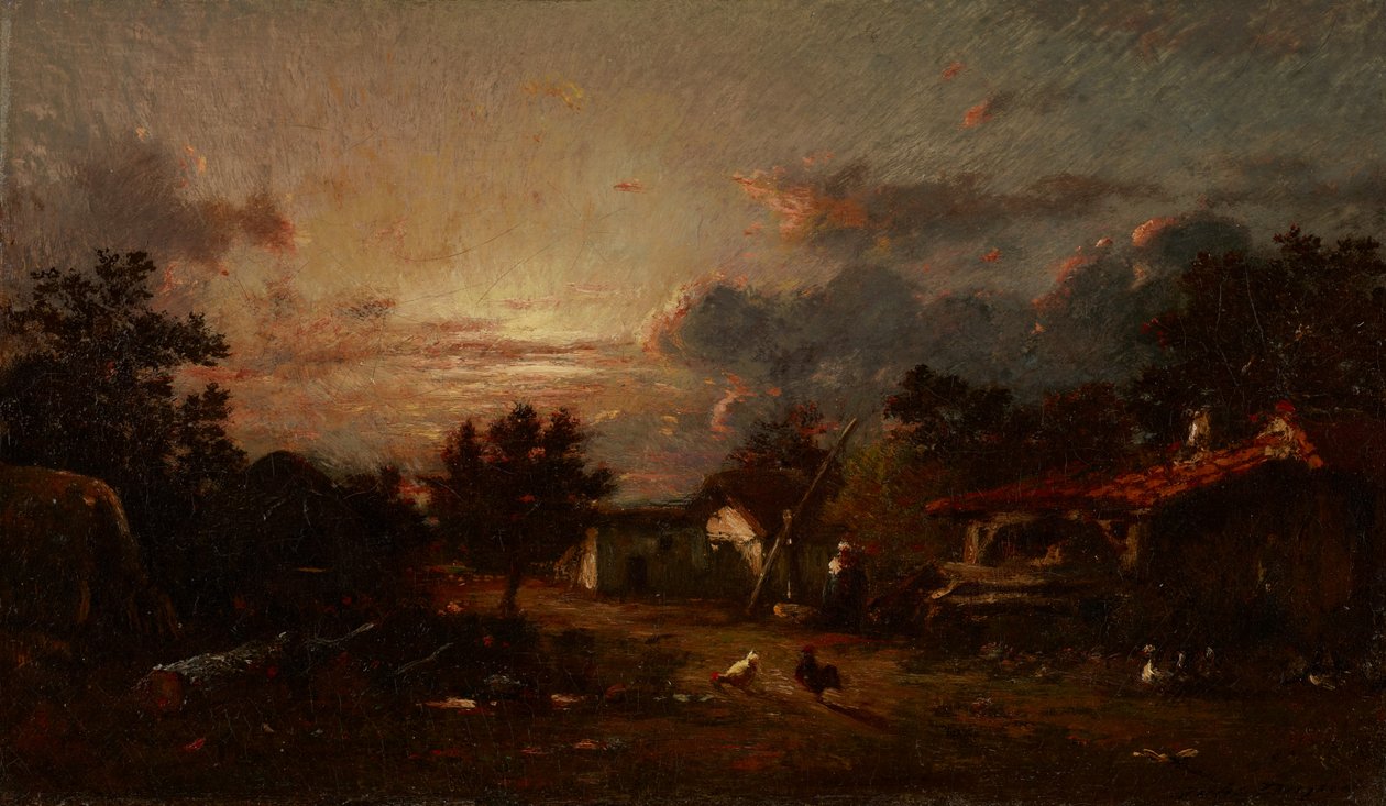 村庄场景，日落，c.1870 作者 朱尔斯·杜佩