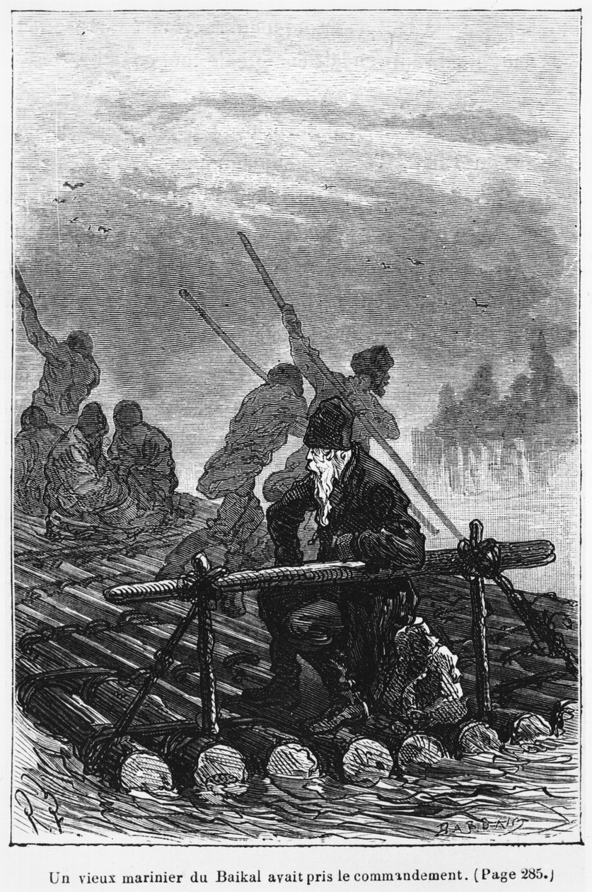 一位老贝加尔湖船夫接管了木筏，由朱尔斯·凡尔纳（1828-1905）的“Michel Strogoff”插图，由Charles Barbant（d.1922）雕刻，巴黎，Hetzel 作者 朱尔斯·费拉特（Jules Ferat）