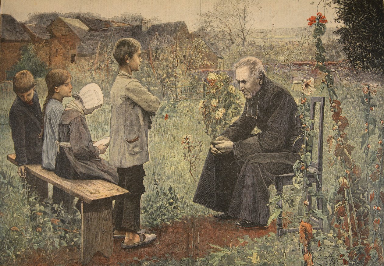 牧师教育儿童教理问答，插图来自&39;Le Petit Journal：Supplement illustre&39;，1898年6月5日 作者 朱尔斯·亚历克西斯·穆尼尔