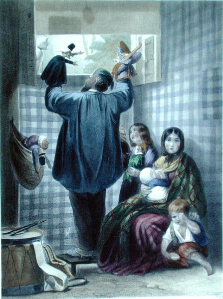 木偶戏 "La Comedie du Chat "的幕后花絮，约1840年（彩色雕刻）。 作者 朱尔斯（后）大卫
