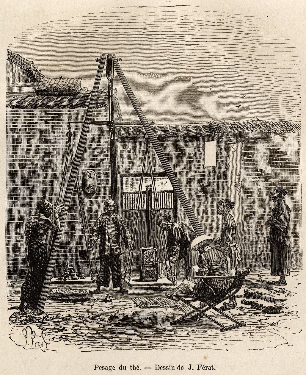 The weighing of the tea before its expedition on commercial markets in a gunpowder factory in Fati Bay (Canton Province), engraved after a drawing by J.Ferat illustrating the voyage to China, by J. Thompson, in 1870-1872, published in “Le tour du monde” 18 作者 儒勒（之后）费拉特