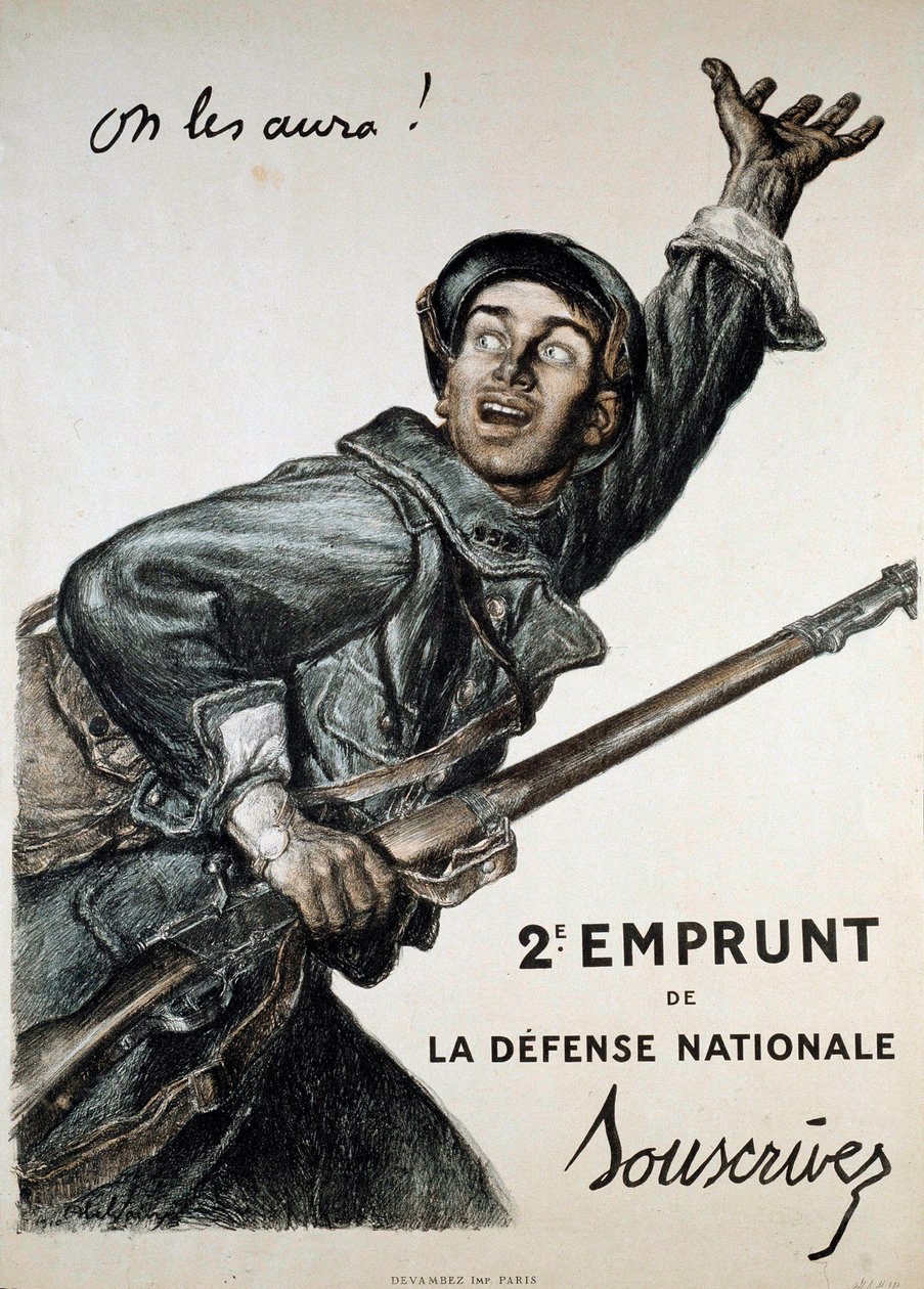 第一次世界大战（1914-1918）：阿贝尔-法伊夫尔（1867-1945）为国家贷款制作的海报。一名士兵敦促公众认购，"我们会得到他们的！"- 国防部第二贷款--订阅" 作者 朱尔斯·亚伯·费弗尔