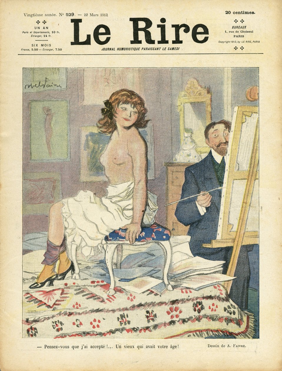 Abel Faivre (1867-1945)为《Le Rire》杂志封面所作的插图，22/03/13 - 艺术，裸体 - 画家艺术家，模特（姿势）。 作者 朱尔斯·亚伯·费弗尔
