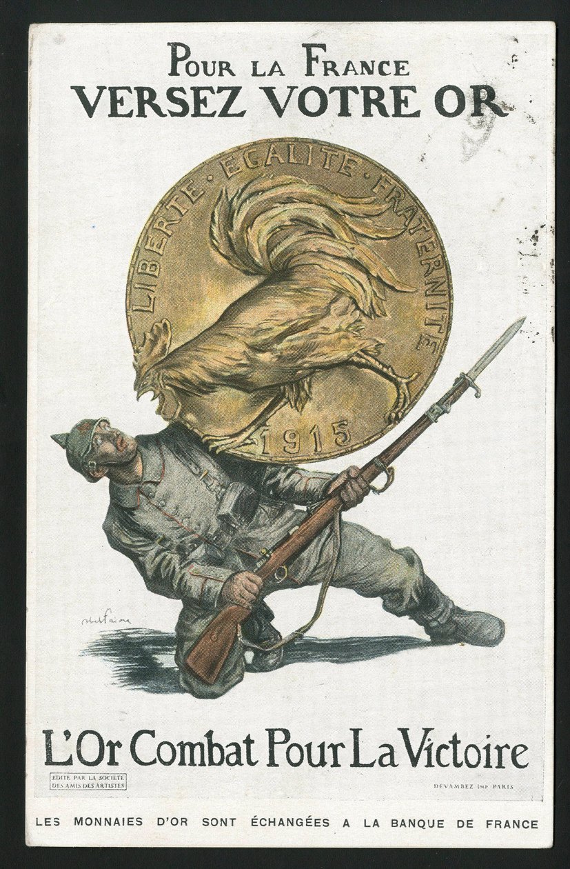 明信片，彩色讽刺画，约1915年。为了法国，倾注你的黄金--14-18年的战争，德国普鲁士，银器，交战方和象征，胜利，借贷，爱国之旅--公鸡--插图：Abel Faivre（1867-1945）。 作者 朱尔斯·亚伯·费弗尔