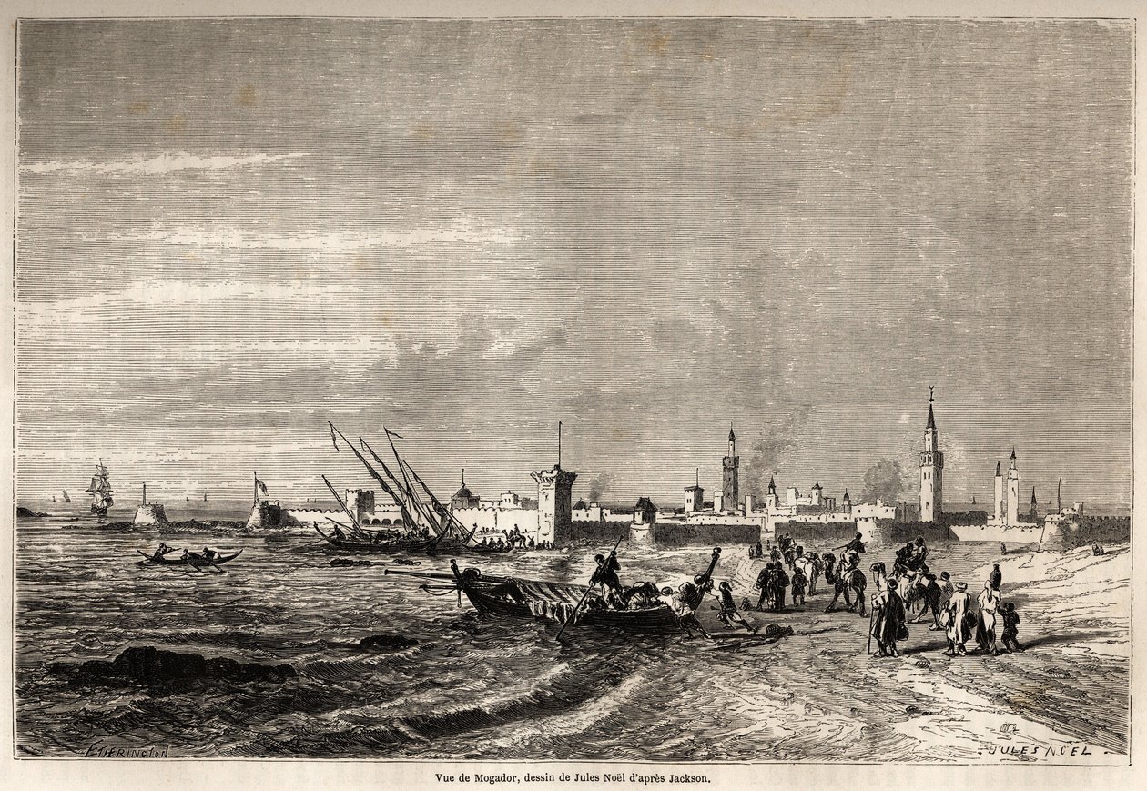 索维拉（原摩加多尔）的景色，由朱尔斯-诺埃尔（1810-1881）绘制，用于说明F.施克勒先生1860年的摩洛哥之旅。雕刻在 "世界之旅，新的旅行杂志 "巴黎。 作者 朱尔斯·阿奇里·诺埃尔（Jules Achille Noel）