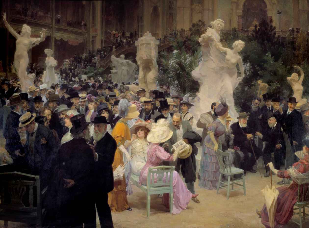 Belle epoque: “” A Friday at the Salon des artistes français”” Members of the Parisian bourgeoisie meet on the occasion of social events. Detail. Painting by Jules Alexandre Grun (1868-1934) 1911 Sun. 3,6x6,16 m Rouen, Musee des Beaux Arts 作者 朱尔斯·亚历山大·格鲁恩（Jules Alexandre Gruen）或格伦（Grun）