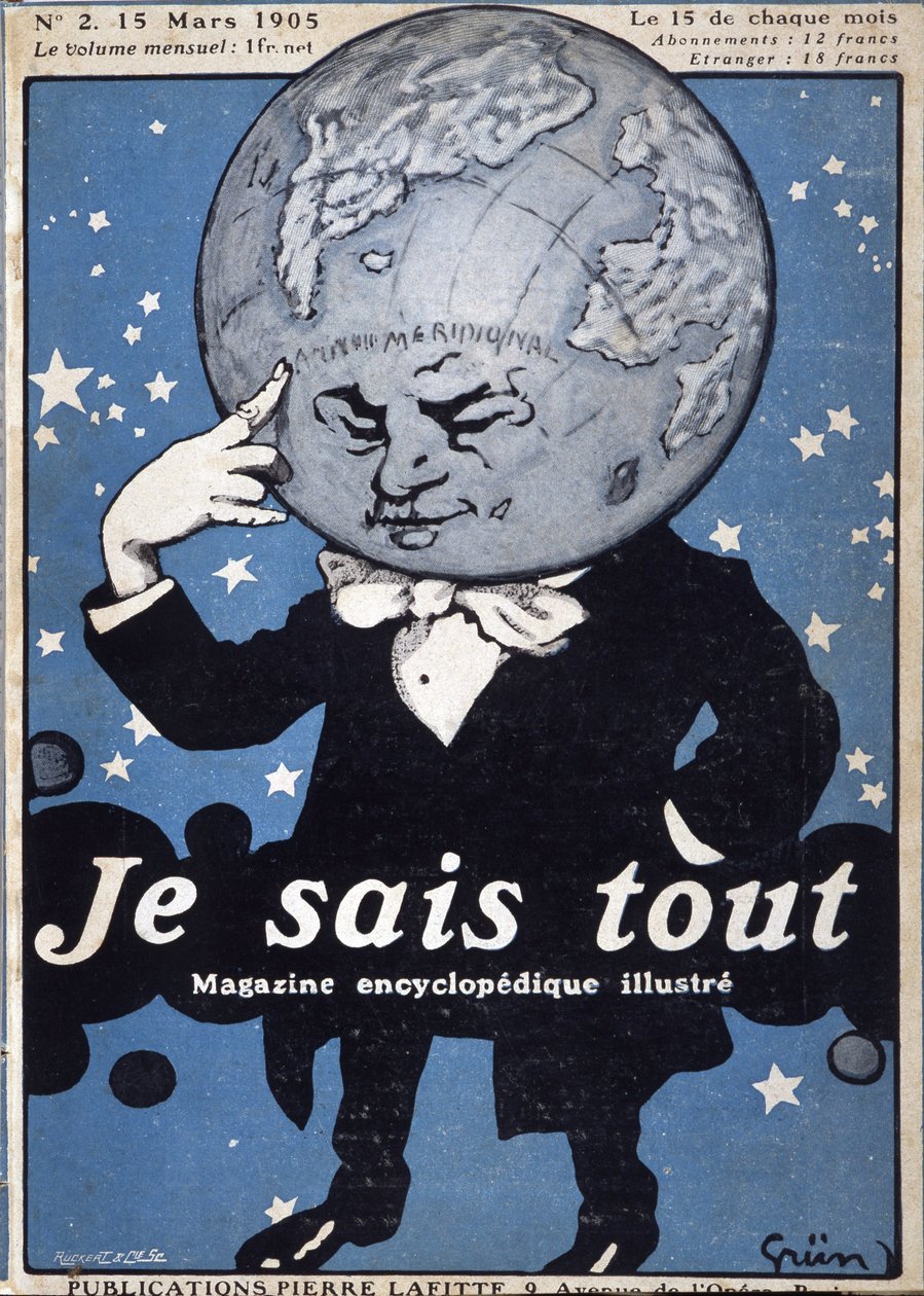 地球仪的思考--地球仪的思考--载于1905年3月15日的 "Je Sais Tout"--插图作者：Jules Grun 1868-1938 作者 朱尔斯·亚历山大·格鲁恩（Jules Alexandre Gruen）或格伦（Grun）