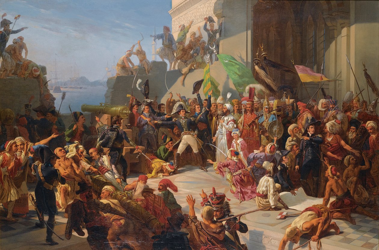 Guerre anglo-turque - guerres napoleoniennes - Sultan Selim III (1761-1808) visiting General Horace Sebastiani (1772-1851) during the defence of Constantinople against the British fleet, February 1807 par Rigo, Jules Vincent (1810-1892).布面油画，尺寸 作者 朱尔斯·阿尔弗雷德·文森特（之后）里戈
