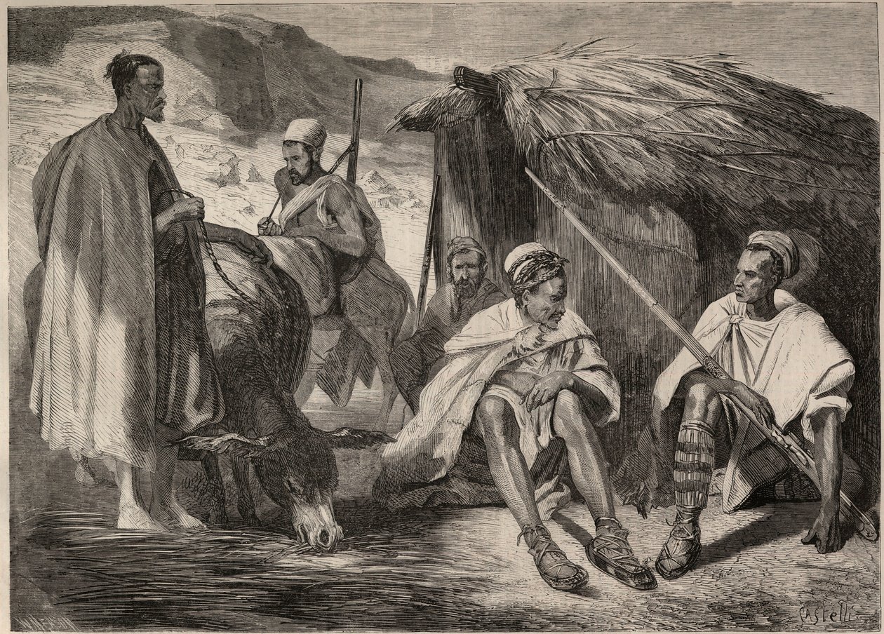 1857年，阿尔及利亚的卡比尔部落。根据儒勒-里戈的画作进行的雕版印刷。1857年 "Le Monde illustrious "中的版画。私人收藏。 作者 朱尔斯·阿尔弗雷德·文森特（之后）里戈