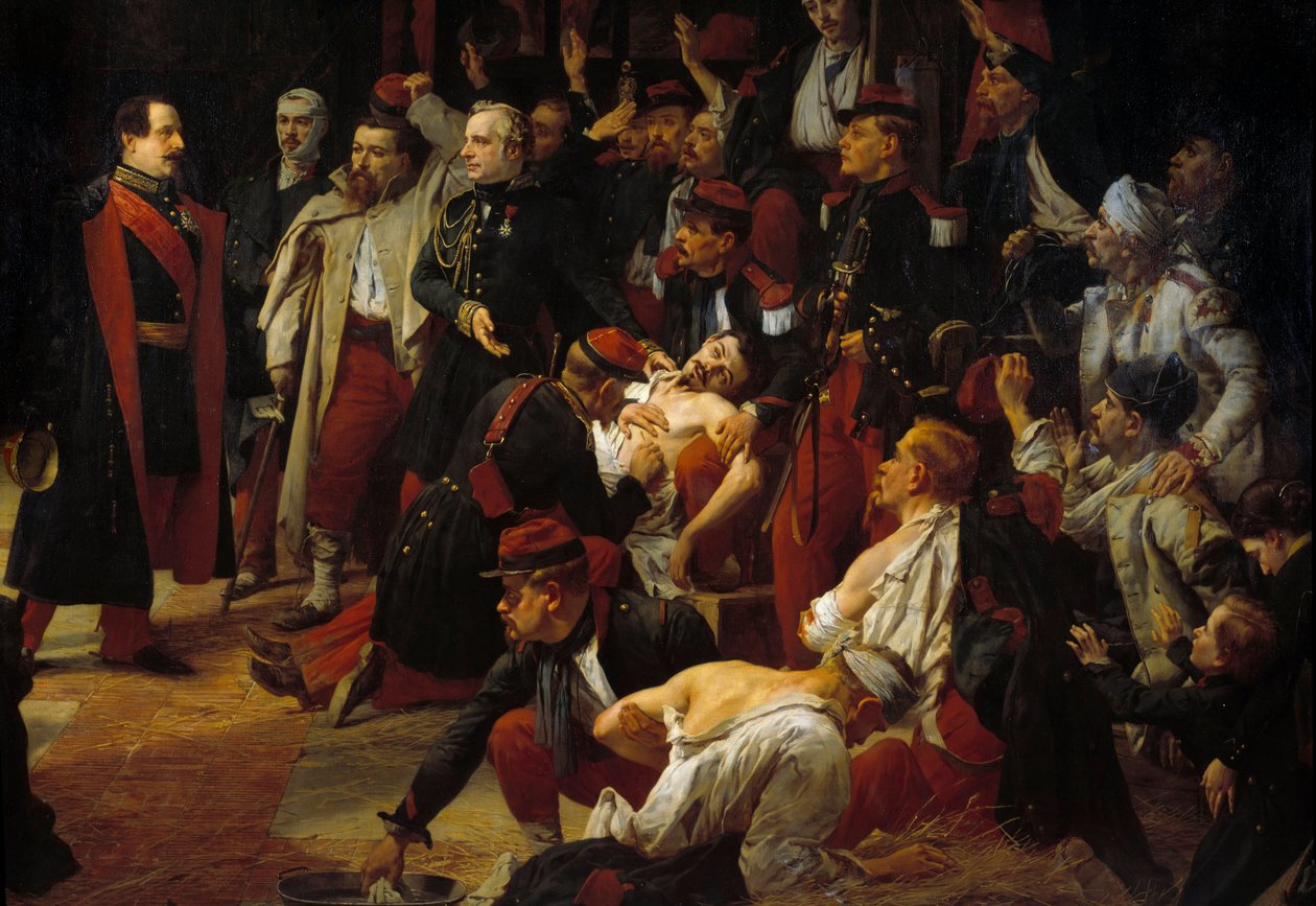 1859 年 5 月，拿破仑三世皇帝在 Voghere 的救护车上看望蒙特贝罗战役中的法国、皮埃蒙特和奥地利伤员 详情。朱尔斯-里戈（1810-1892 年）的画作，1859 年 巴黎，格雷斯山谷博物馆 作者 朱尔斯·阿尔弗雷德·文森特·里戈