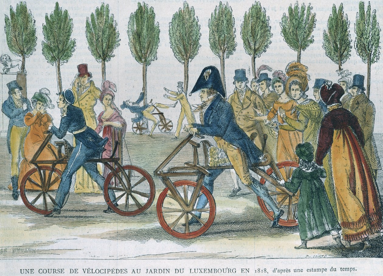 雕刻时间后，于1818年在卢森堡公园举行的一场摩托车比赛，由P. Comte（19世纪）雕刻（彩色雕刻） 作者 朱尔斯·安托万·杜沃