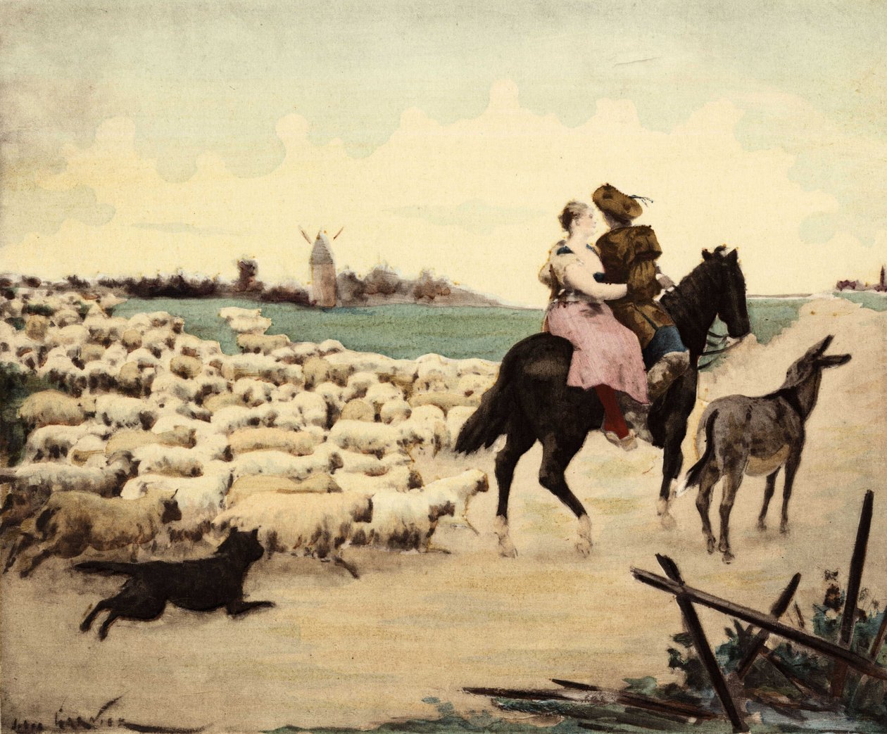 一座豪宅和一个骑马的牧羊人。驴子拥有他们的权利。羊群和旁边的牧羊犬。朱尔斯-加尼埃的插图。收录于《拉伯雷与儒勒-加尼埃作品集》。 作者 朱尔斯·阿森·加尼尔