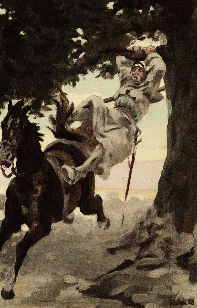 修道士让（Jean）悬挂在核桃树枝上。在 "拉伯雷与儒勒-加尼埃的作品 "中 作者 朱尔斯·阿森·加尼尔